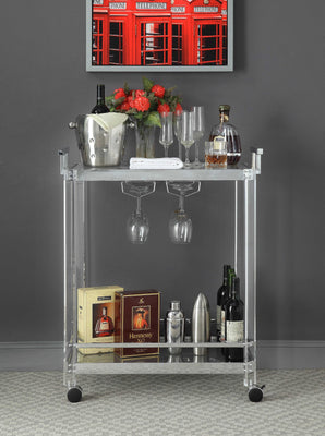Metal and Acrylic Serving Cart with Open Bottom Shelf and Side Handles, Silver and Clear