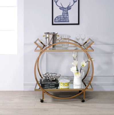 Metal Serving Cart with Tempered Glass Shelves and Tubular Angled Handles, Gold and Clear