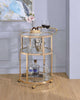 Three Tier Metal Serving Cart with Glass Inserted Shelves and Curved Side Handle, Gold and Clear