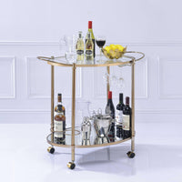 Metal Framed Serving Cart with Open Bottom Shelf and Glass Inserted Top, Gold and Clear