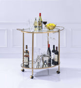 Metal Framed Serving Cart with Open Bottom Shelf and Glass Inserted Top, Gold and Clear