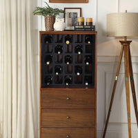 Wooden Wine Cabinet with Wine Bottle Rack and Three Drawers, Brown and Black