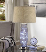 Contemporary Metal Table Lamp with Linen Drum Shade and LED Glass Panels, Silver and Beige