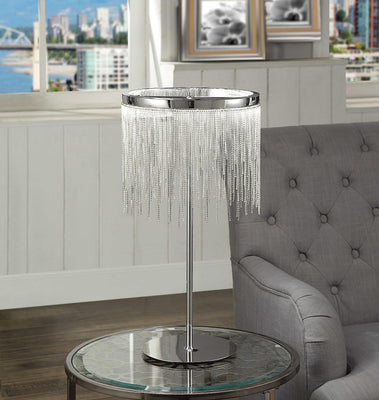 Contemporary Metal Table Lamp with Adjustable LED Light and Beaded Drum Shade, Silver