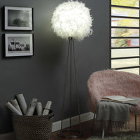 Contemporary Metal Floor Lamp with Round Shaped Feather Shade, Silver and White