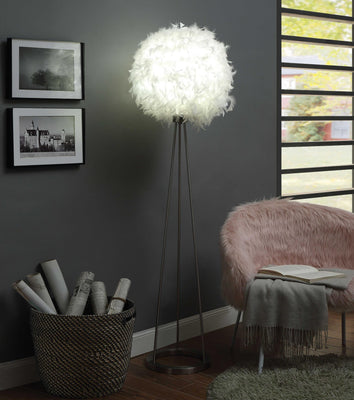 Contemporary Metal Floor Lamp with Round Shaped Feather Shade, Silver and White