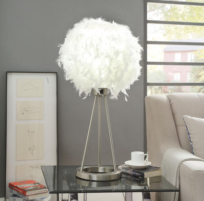 Contemporary Metal Table Lamp with Round Shaped Feather Shade, Silver and White
