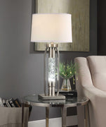 Contemporary Metal Table Lamp with Fabric Drum Shade and LED Glass Cylinder, Silver and White