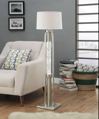 Contemporary Metal Floor Lamp with Fabric Drum Shade and LED Glass Cylinder, Silver and White
