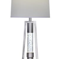 Metal Table Lamp with Fabric Drum Shade and LED Glass Cylinder, Silver and White