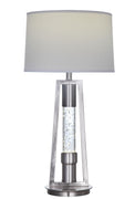 Metal Table Lamp with Fabric Drum Shade and LED Glass Cylinder, Silver and White