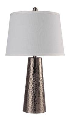Transitional Metal Table Lamp with Empire Shaped Fabric Lamp Shade, White and Bronze