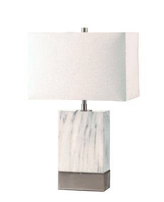 Contemporary Metal Table Lamp with Rectangular Fabric Shade, White and Silver