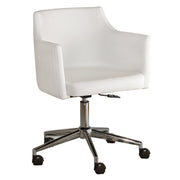 Faux Leather Upholster Metal Swivel Chair with Low Profile Back, White and Silver