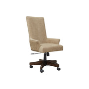 High Back Polyester Upholstered Wooden Swivel Chair with Adjustable Seat, Brown and Black