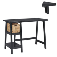 Distressed Wooden Desk with Two Display Shelves and Trestle Base, Small, Black