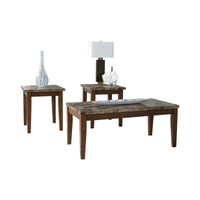 Rustic Style Faux Marble Top Table Set with Tapered Wooden Legs, Set of Three, Brown