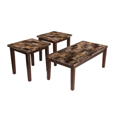 Rustic Style Faux Marble Top Table Set with Tapered Wooden Legs, Set of Three, Brown