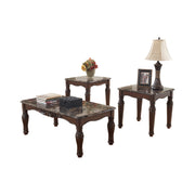 Traditional Style Wooden Table Set with Turned Legs and Faux Marble Top, Set of Three, Dark Brown