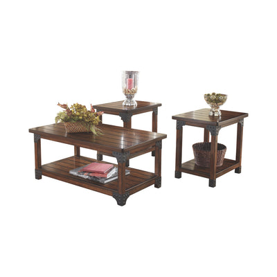Wooden Table Set with Lower Shelf and Metal Brackets, Set of Three, Brown and Gray