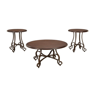 Round Glass Top Table Set with Tubular Metal Base, Set of Three, Gold and Clear