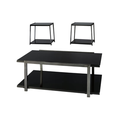 Metal Framed Table Set with Tempered Glass Top and Lower Shelf, Set of Three, Black and Silver