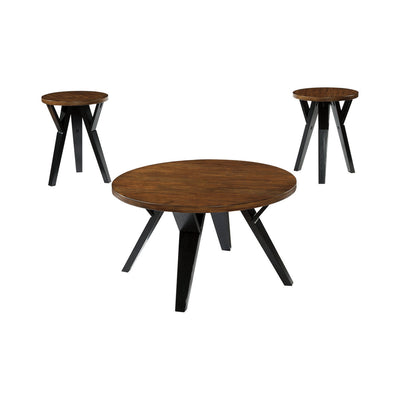 Retro Style Round Wooden Table Set with Angular Leg Support, Set of Three, Brown and Black