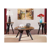 Retro Style Round Wooden Table Set with Angular Leg Support, Set of Three, Brown and Black