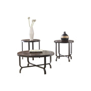 Round Wooden Table Set with Crossbar Metal Base, Set of Three, Brown and Black