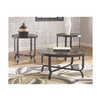Round Wooden Table Set with Crossbar Metal Base, Set of Three, Brown and Black