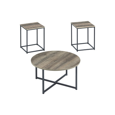 Wooden Table Set with Sturdy Metal Base, Set of Three, Gray and Brown
