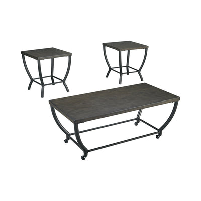 Wooden Table Set with Curved Steel Base, Set of Three, Gray