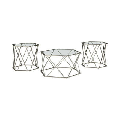 Hexagonal Design Metal Framed Table Set with Inserted Glass Top, Set of Three, Silver and Clear