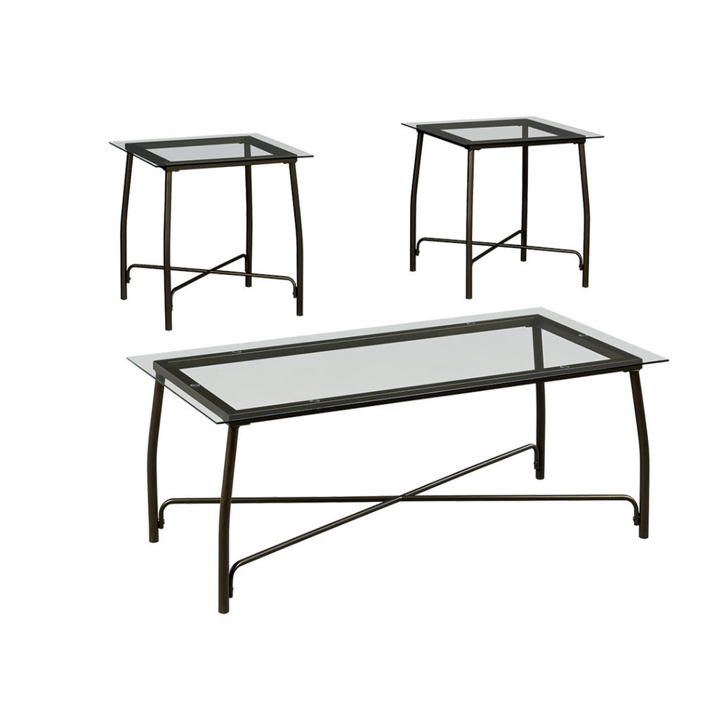 Curved Metal Framed Table Set with Glass Top and Cross Base, Set of Three, Bronze and Clear