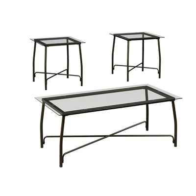 Curved Metal Framed Table Set with Glass Top and Cross Base, Set of Three, Bronze and Clear