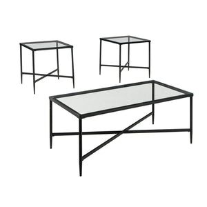 Metal Framed Table Set with Glass Top and Cross Bar Stretcher, Set of Three, Black and Clear