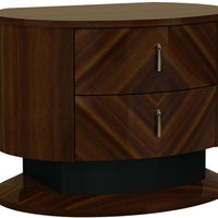 Two Drawers Wooden Nightstand with Teardrop Metal Handles, Brown and Silver