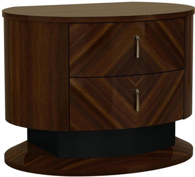 Two Drawers Wooden Nightstand with Teardrop Metal Handles, Brown and Silver