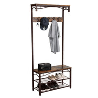 Metal Framed Coat Rack with Wooden Bench and Two Mesh Shelves, Brown and Black