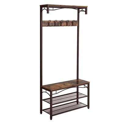 Metal Framed Coat Rack with Wooden Bench and Two Mesh Shelves, Brown and Black