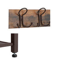 Metal Framed Coat Rack with Wooden Bench and Two Mesh Shelves, Brown and Black