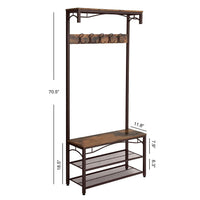 Metal Framed Coat Rack with Wooden Bench and Two Mesh Shelves, Brown and Black