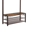 Metal Framed Coat Rack with Wooden Bench and Two Mesh Shelves, Brown and Black