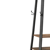 Metal Framed Ladder Style Coat Rack with Three Wooden Shelves, Brown and Black