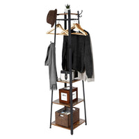 Metal Framed Ladder Style Coat Rack with Three Wooden Shelves, Brown and Black