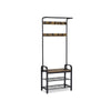 Metal and Wood Framed Coat Rack with Multiple Hooks and Storage Shelves, Brown and Black
