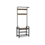 Metal and Wood Framed Coat Rack with Multiple Hooks and Storage Shelves, Brown and Black