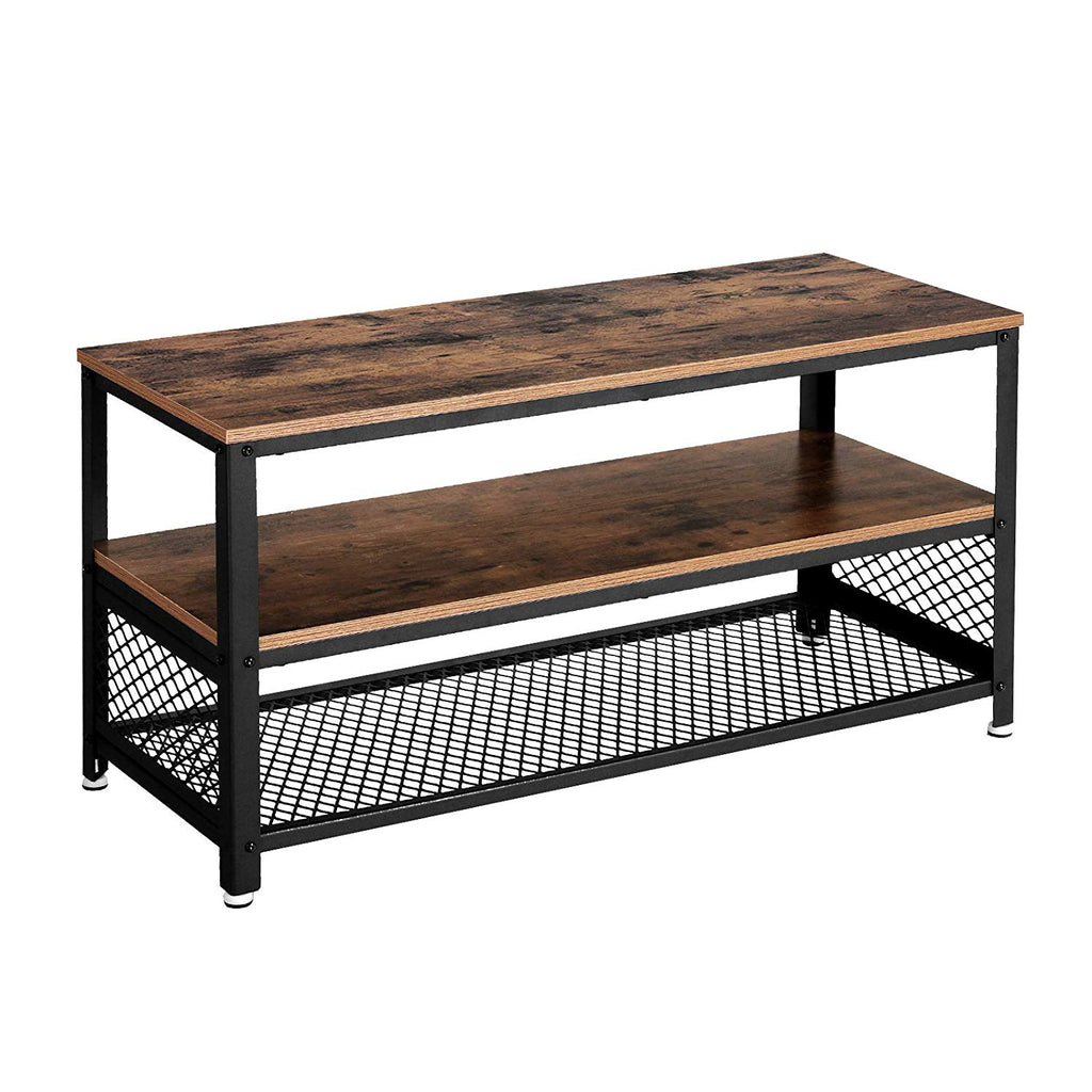 Wooden TV Stand with Two Open Spacious Shelves, Brown and Black