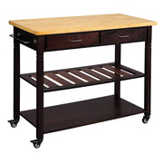 Dual Finish Wooden Kitchen Cart with Two Open Shelves and Two Storage Drawers, Brown