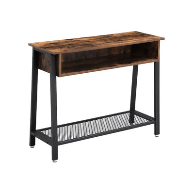 Industrial Style Wooden Console Table with Metal Framework and Mesh Bottom Shelf, Brown and Black